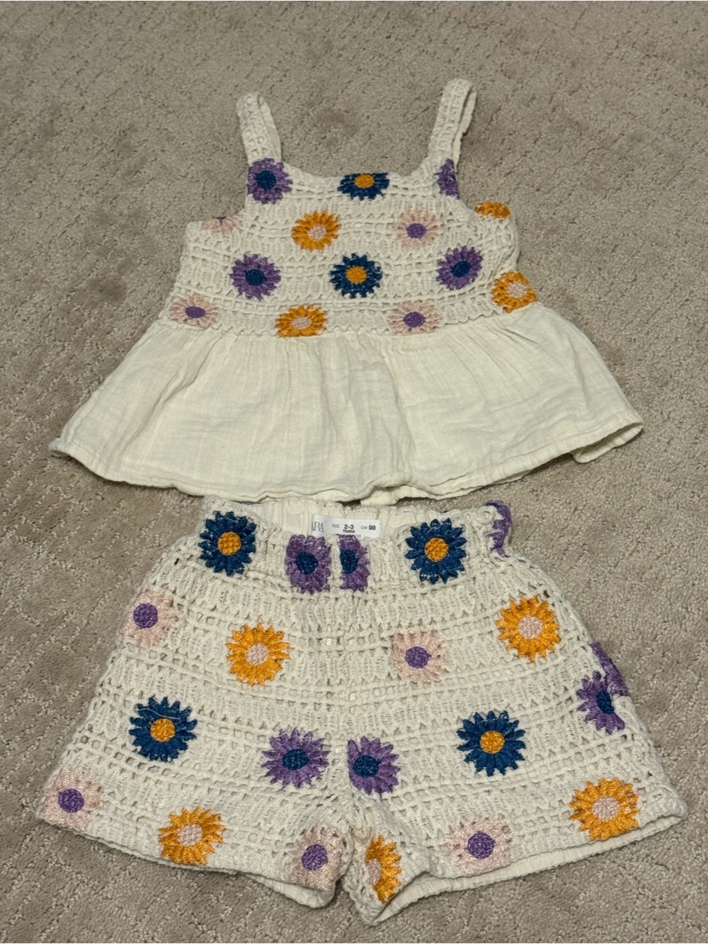 Zara Toddler Girl Floral Crochet Linen Knit Tank & Shorts Set 2-3T